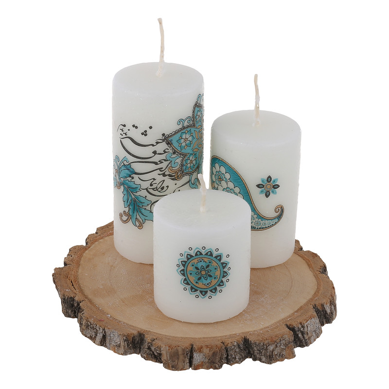 دکوری طرح ترمه مدل شمع و استند چوبی مجموعه 4 عددی