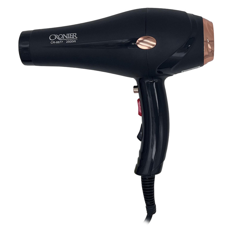 سشوار نیمه حرفه‌ای کرونر مدل CR-6677 2500W، موتور AC، توان مصرفی 2500 وات، دارای قابلیت باد سرد، فناوری تولید یون، وزن 540 گرم، به همراه 2 عدد سری متمرکزکننده
