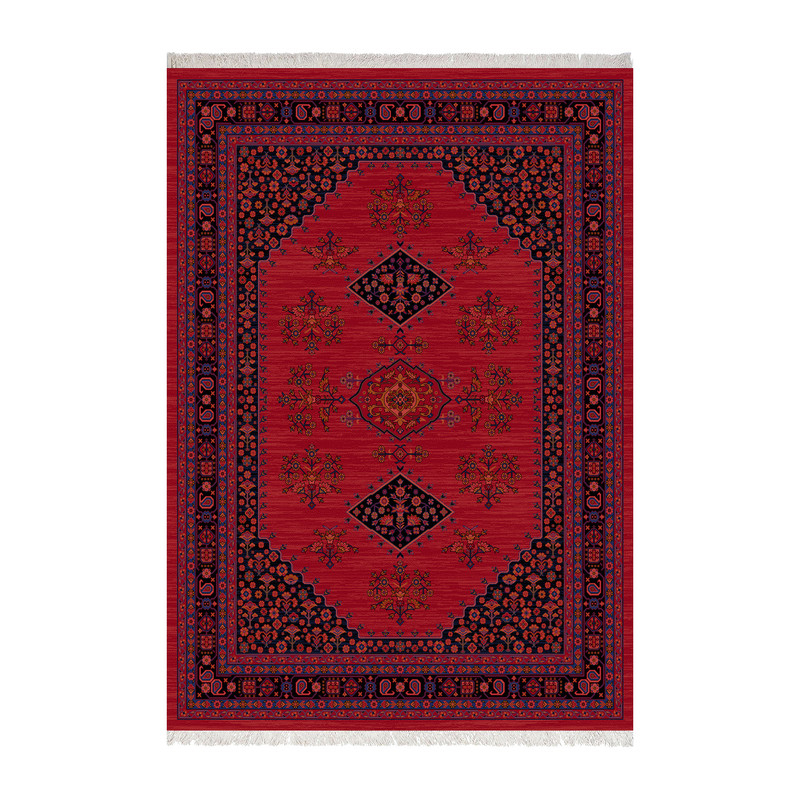 فرش ماشینی 1000 شانه زانیس زمینه قرمز لاکی حاشیه سرمه ای مدل چاپی