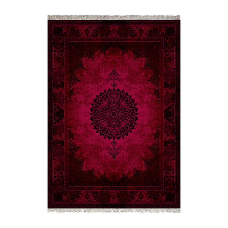 فرش ماشینی 1000 شانه زانیس زمینه قرمز لاکی حاشیه مشکی مدل چاپی