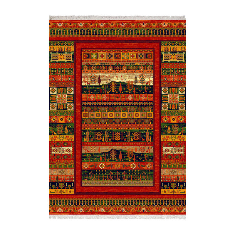 فرش ماشینی 1000 شانه زانیس زمینه قرمز لاکی حاشیه سبز کرم مدل چاپی