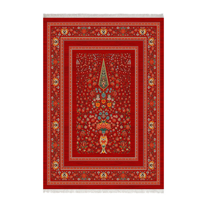 فرش ماشینی 1000 شانه زانیس زمینه قرمز لاکی حاشیه مشکی مدل چاپی