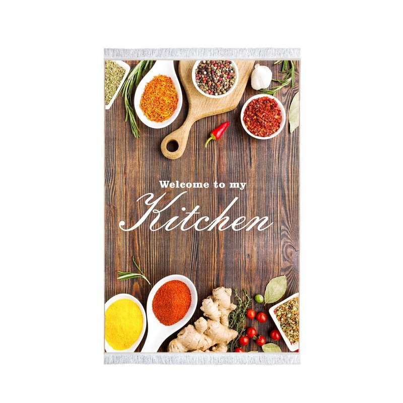 فرش ماشینی محتشم طرح به آشپزخانه من خوش آمدید کد 100495 زمینه قهوه ای