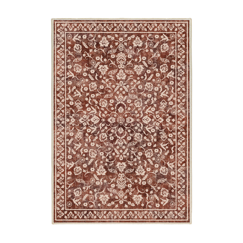 فرش ماشینی 1000 شانه زمینه زرشکی حاشیه قرمز مدل اورکوم مدل نانو چاپ بدون پرز طرح مینیمال مارال کد OR.1121.07