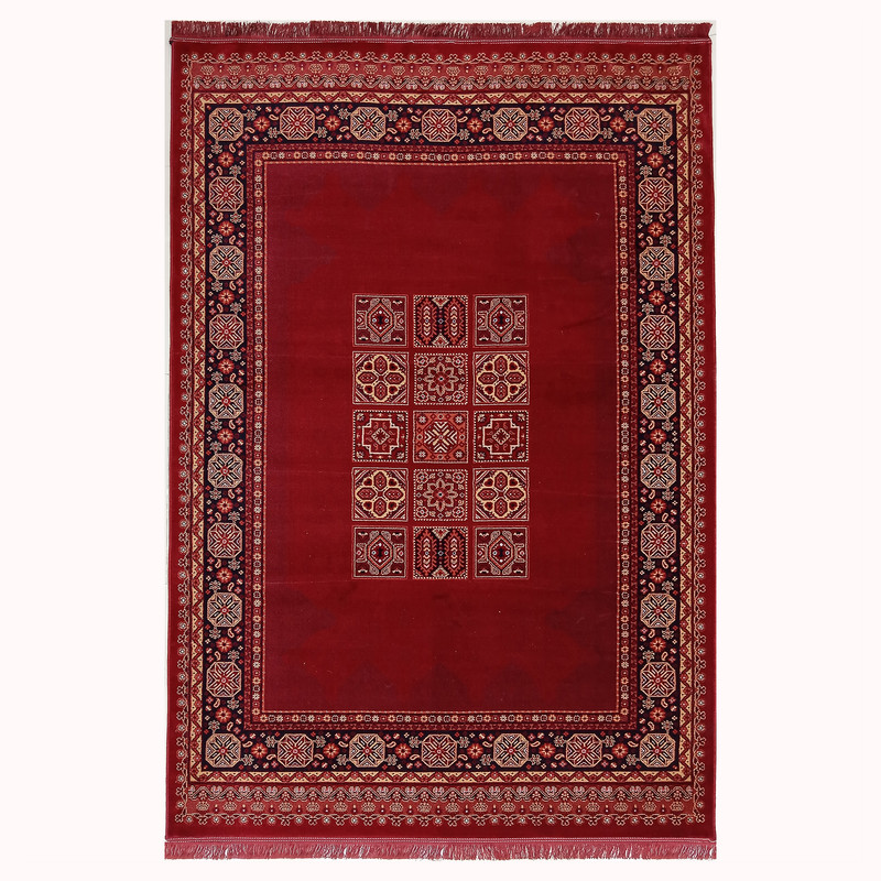 فرش ماشینی 500 شانه ستاره طلایی ملت زمینه قرمز لاکی حاشیه لاکی مدل بلوچ 114