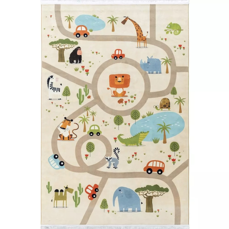 فرش ماشینی 700 شانه محتشم زمینه کرم حاشیه کرم مدل جاده حیوانات