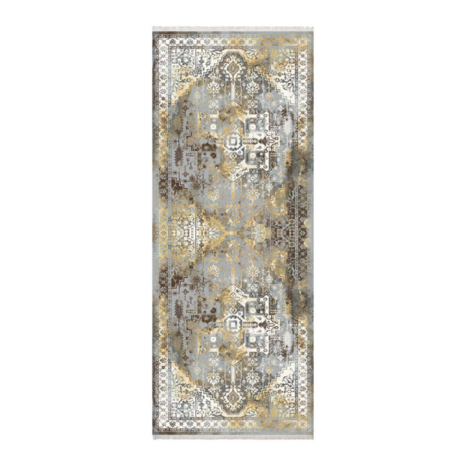 فرش ماشینی زانیس مدل کناره سنتی طرح وینتیج زمینه نسکافه ای