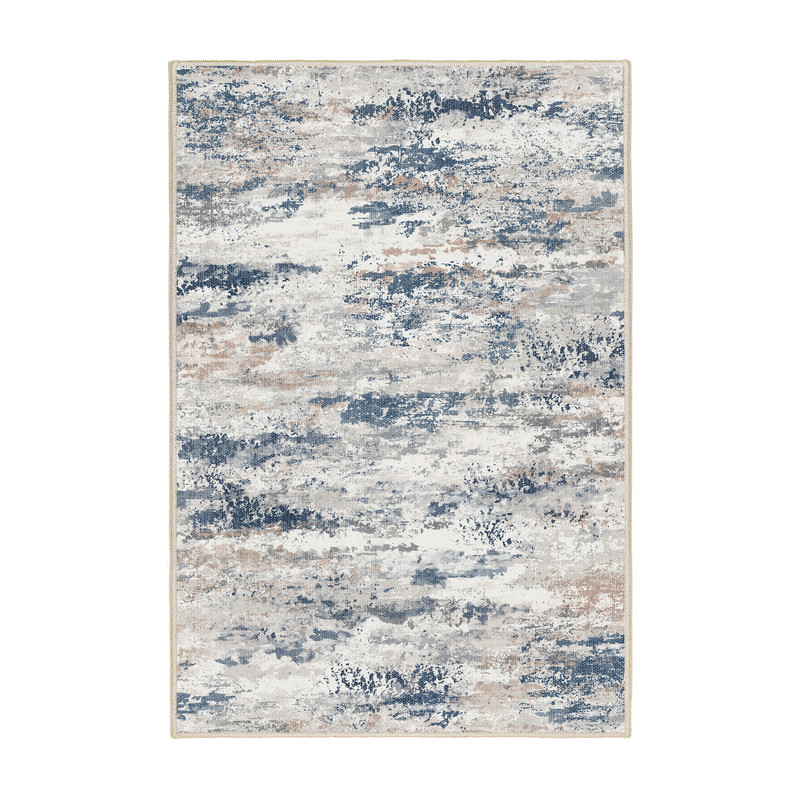 فرش ماشینی 1000 شانه زمینه کرم حاشیه آبی مدل نانو چاپ بدون پرز طرح مینیمال دلتا کد OR.1122.03