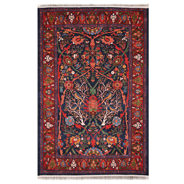 فرش ماشینی 1200 شانه فرش صرافیان زمینه سرمه‌ای حاشیه سرمه ای مدل بهشت بیجار