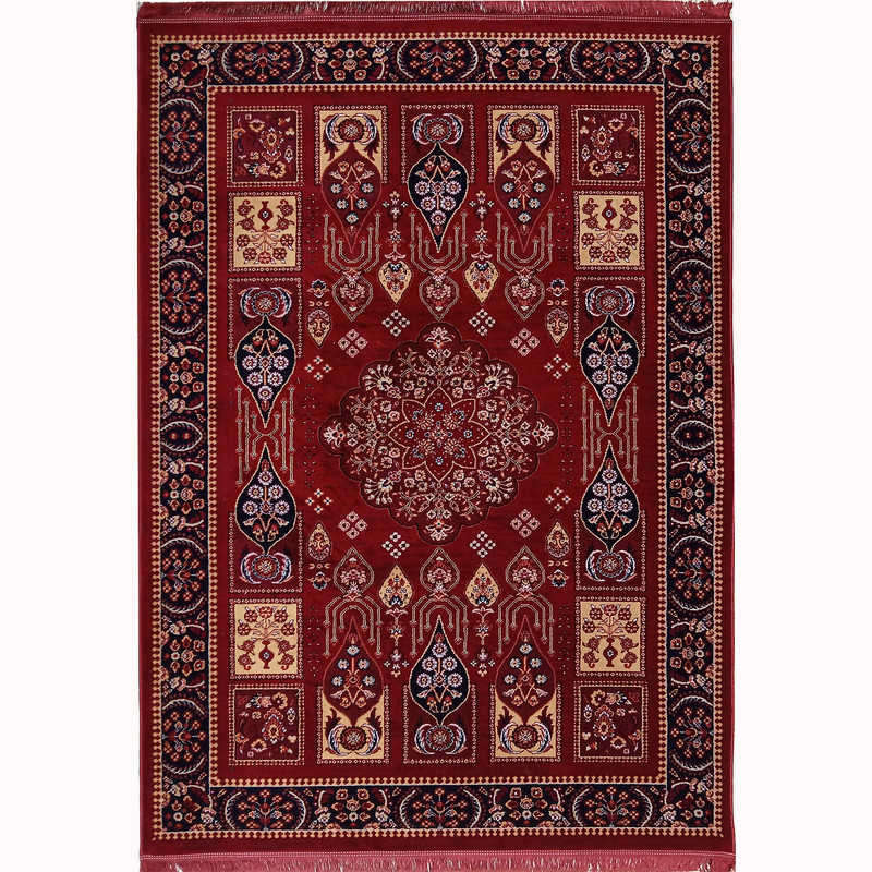 فرش ماشینی 500 شانه ستاره طلایی ملت زمینه لاکی حاشیه لاکی مدل بلوچ 112