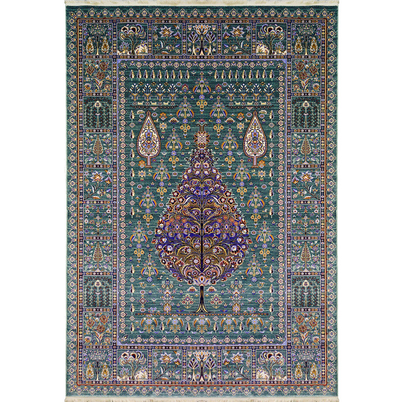 فرش ماشینی 500 شانه رادین زمینه و حاشیه  یشمی طرح سرو مدل خاتون