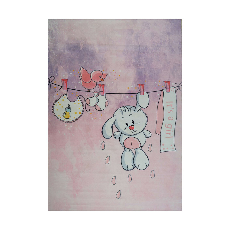 فرش ماشینی زانیس مدل اتاق کودک طرح خرگوشک دختر زمینه گلبهی