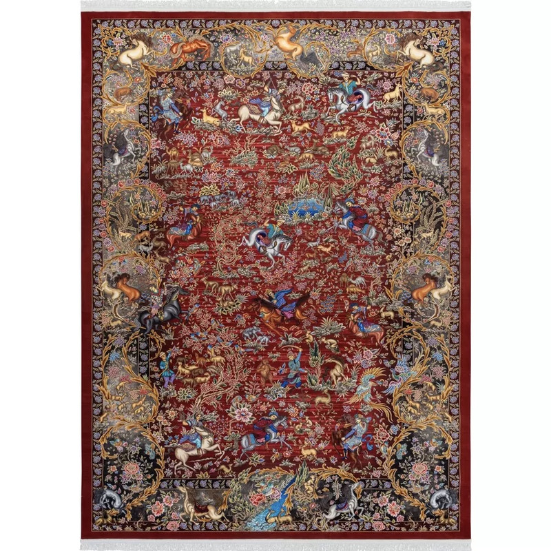 فرش ماشینی 1500 شانه محتشم زمینه قرمز لاکی حاشیه خاکستری مدل شکارگاه