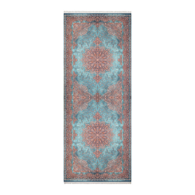 فرش ماشینی زانیس مدل کناره سنتی طرح تبریز زمینه فیروزه ای