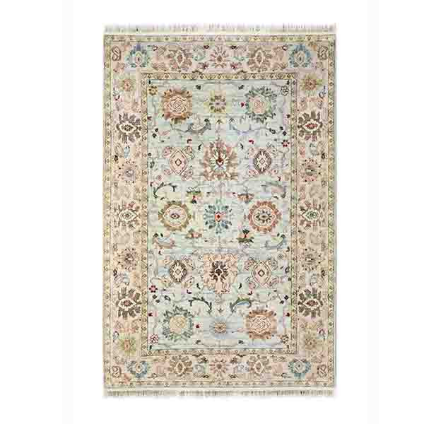 فرش ماشینی 1200 شانه فرش صرافیان زمینه فیروزه ای حاشیه کرم مدل لوتوس