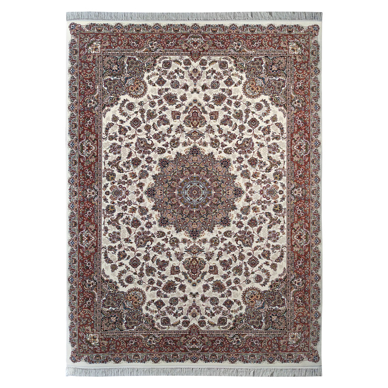 فرش ماشینی 700 شانه فرش مشهد زمینه کرم حاشیه گلبهی مدل 702033