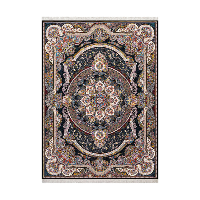 فرش ماشینی زانیس مدل فانتزی طرح سنتی مانا زمینه سرمه ای