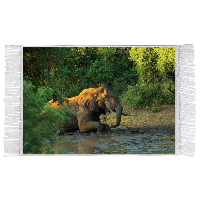 فرش ماشینی دیوارکوب اطلس آبی طرح جنگل و فیل مدل T1958