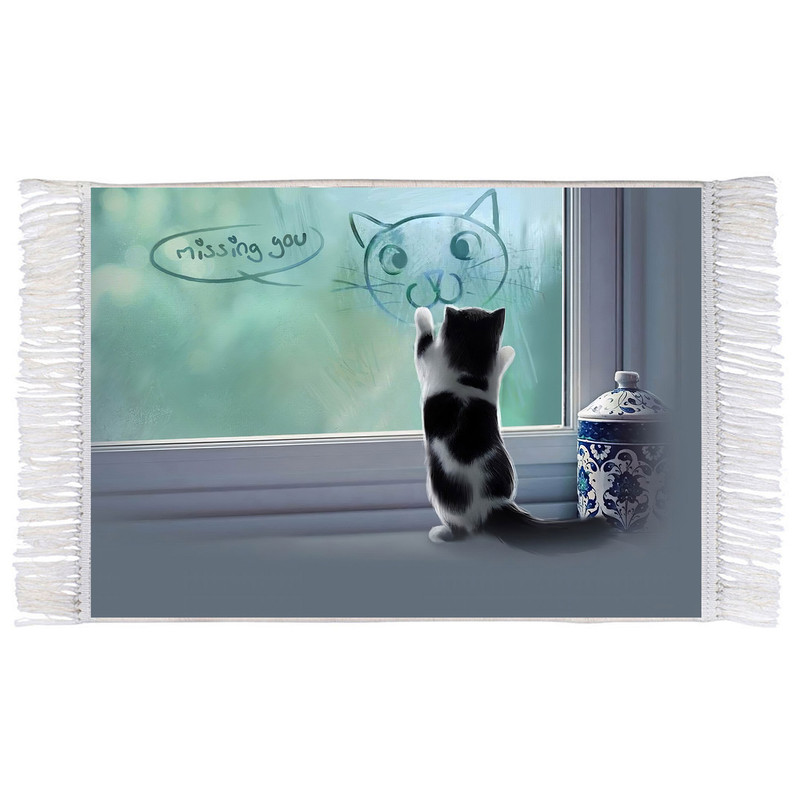 فرش ماشینی دیوارکوب اطلس آبی طرح گربه مدل T1504