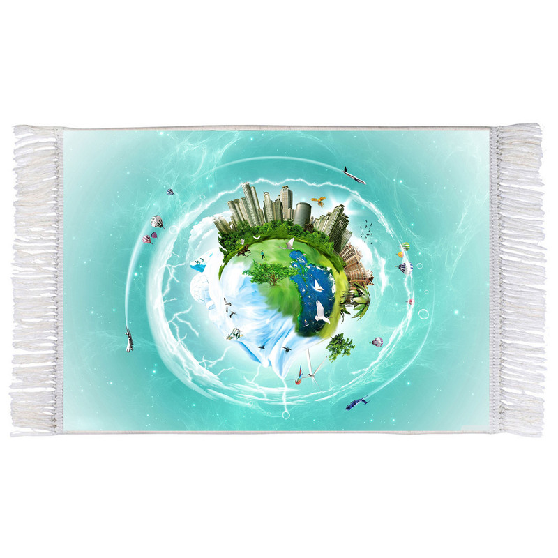 فرش ماشینی دیوارکوب اطلس آبی طرح کره زمین و هواپیما و پرنده مدل T1293