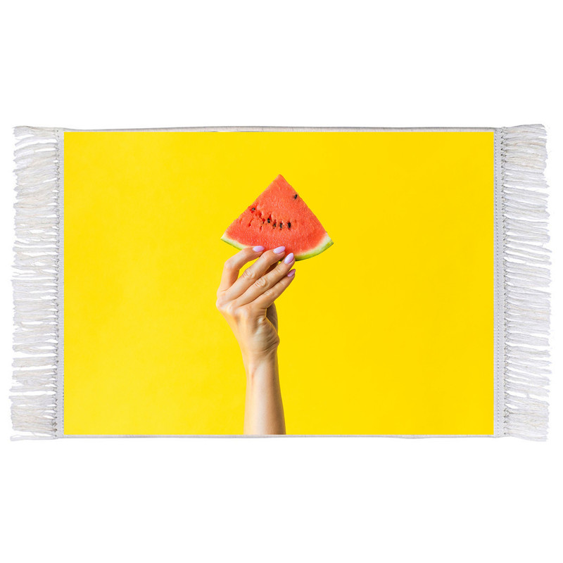 فرش ماشینی دیوارکوب اطلس آبی طرح دست و قاچ هندوانه مدل T1879