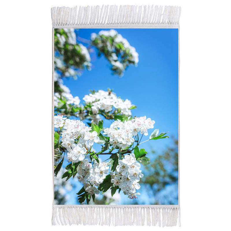 فرش ماشینی دیوارکوب اطلس آبی طرح منظره شکوفه های بهاری مدل T1884