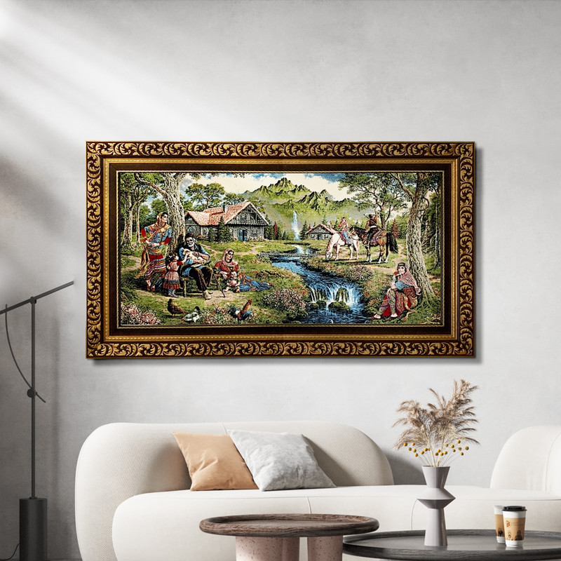 تابلو فرش ماشینی طرح خانواده روستایی کد ۷۳۶۷