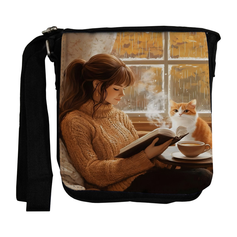 کیف رودوشی طرح دختر کتابخوان و گربه کد nb228