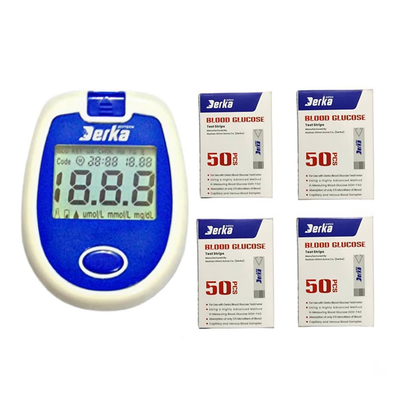 دستگاه تست قند خون درکا مدل D110071 به همراه نوار تست قند خون چهار بسته بسته 50 عددی